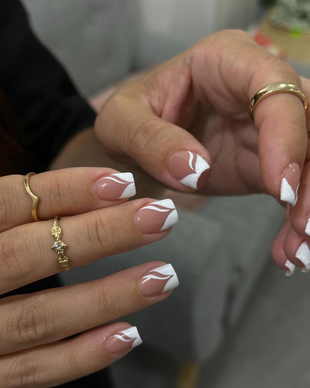 Square-nude-with-abstract white-French-tip-nails