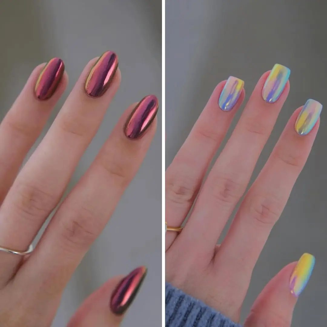 Chrome-nails-in-two-styles-metallic-burgundy-oval-nails-and-pastel-rainbow-square-nails.webp