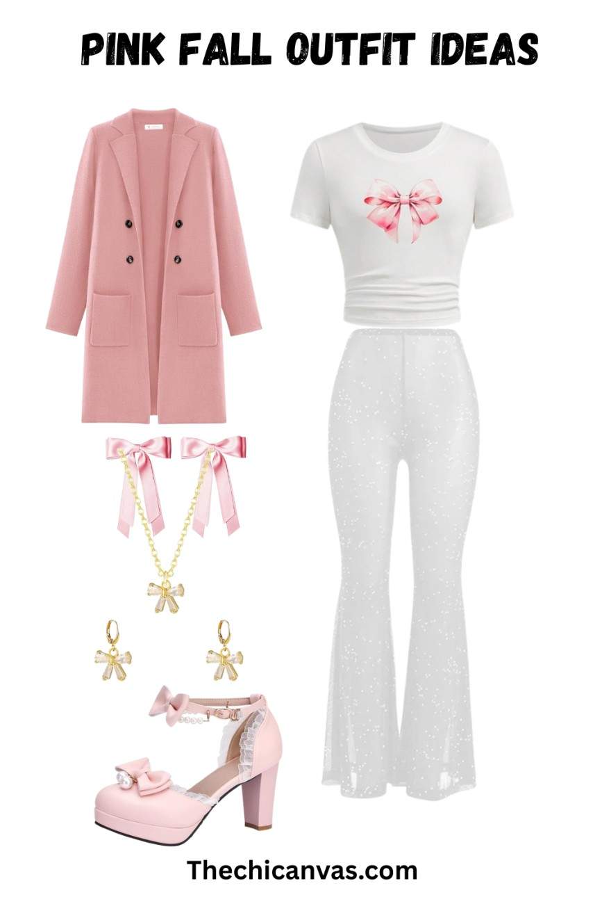 Cute-pink-fall-outfit-with-glitter-flare-pants-bow-printtee-long-wool-coat-and-ribbon-accessories.jpeg