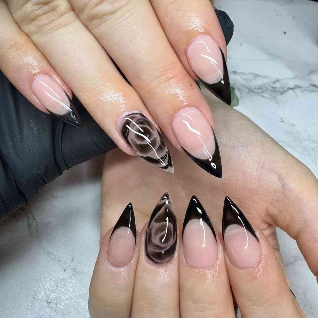 Smoky black rose French tip nails