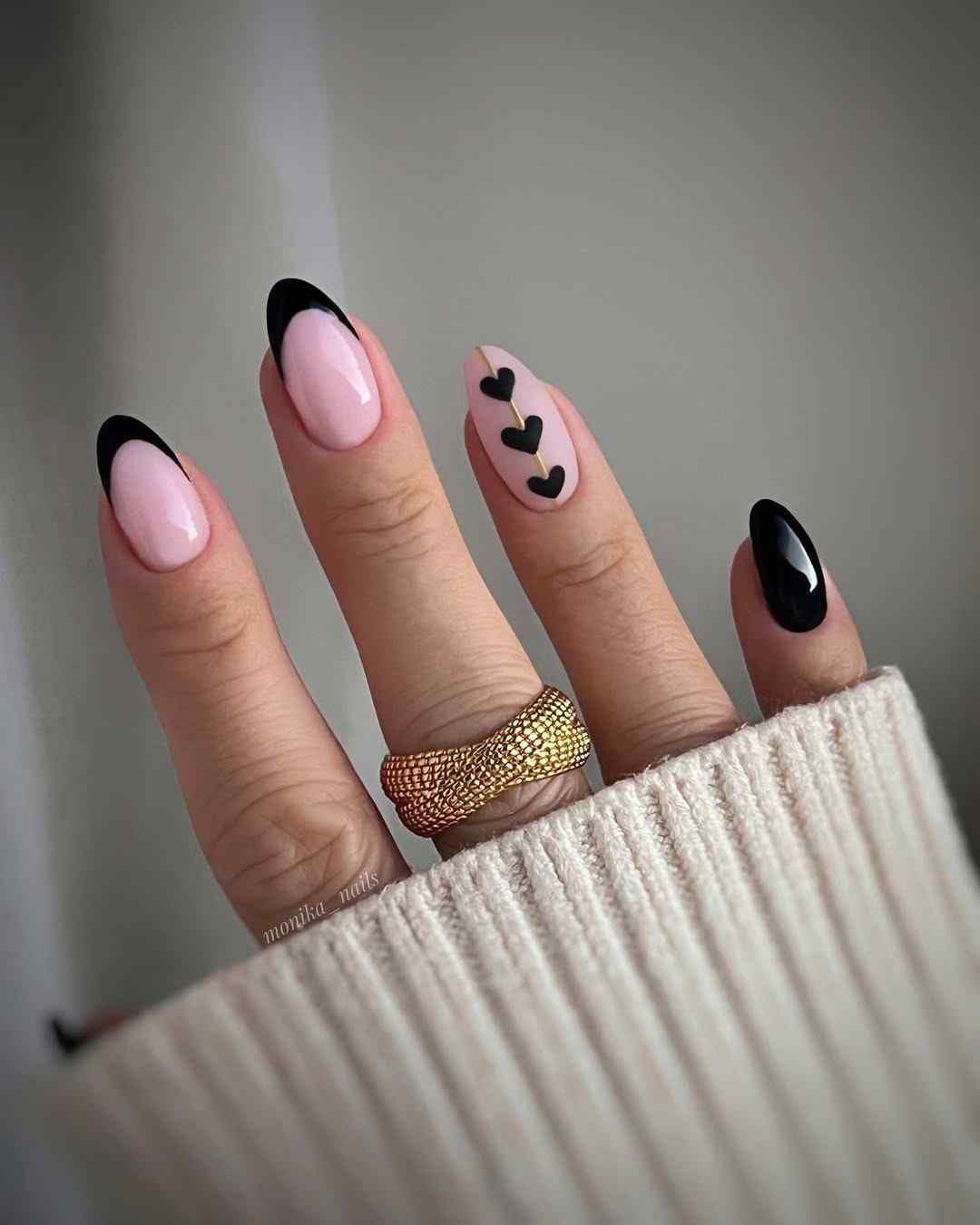 Pink nails black accent tips