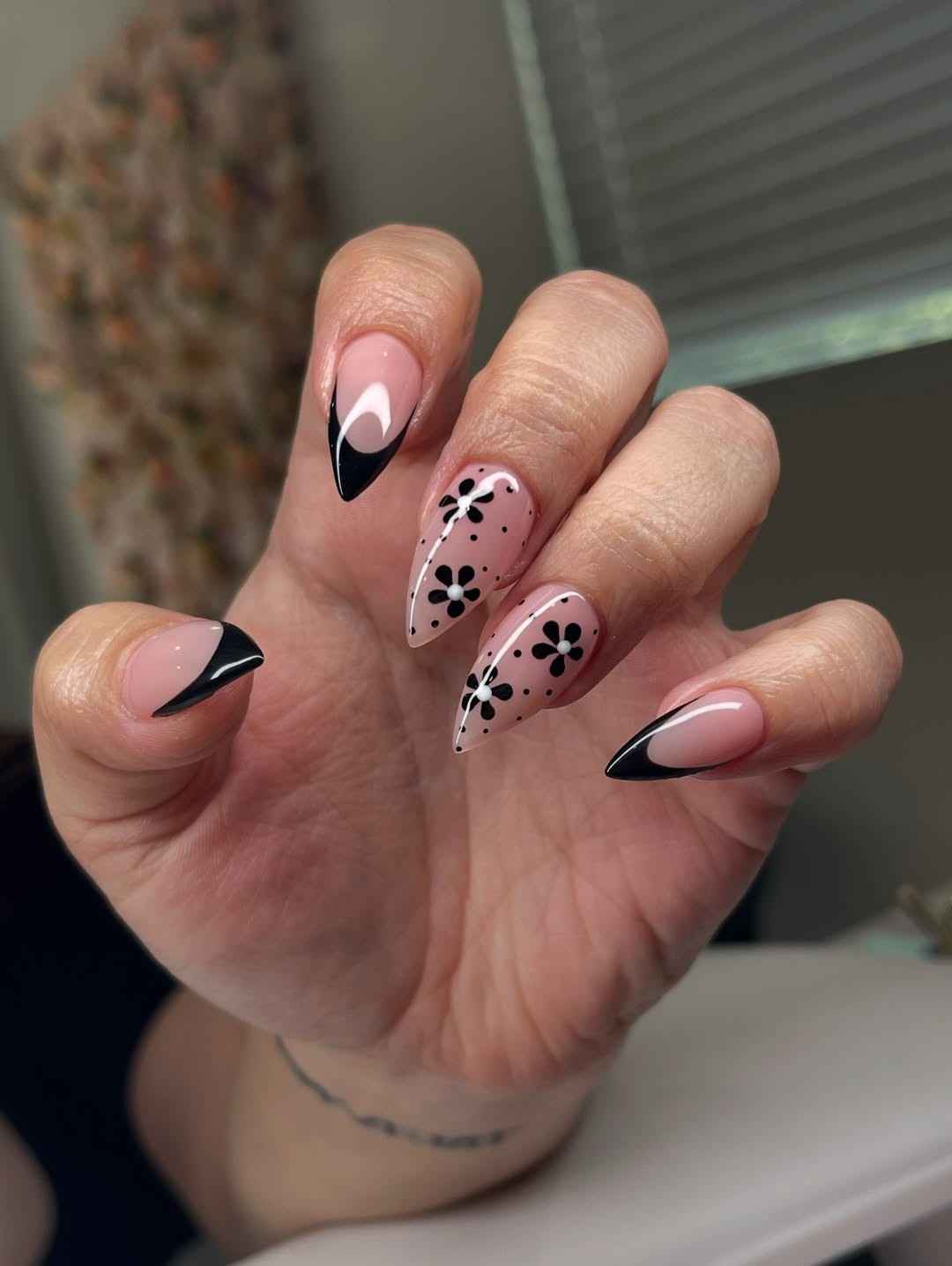 Black lace floral French tip nails